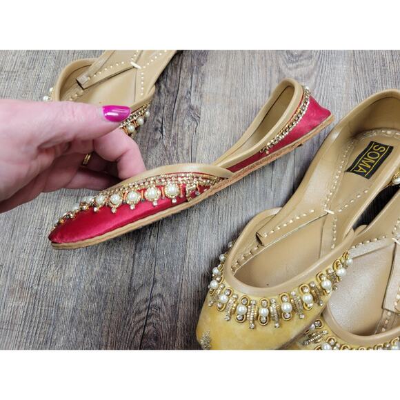Soma Hand Artisan Made Leather Beaded Velour Pakistan Shoes 6 Flats Red Yellow - Picture 10 of 13